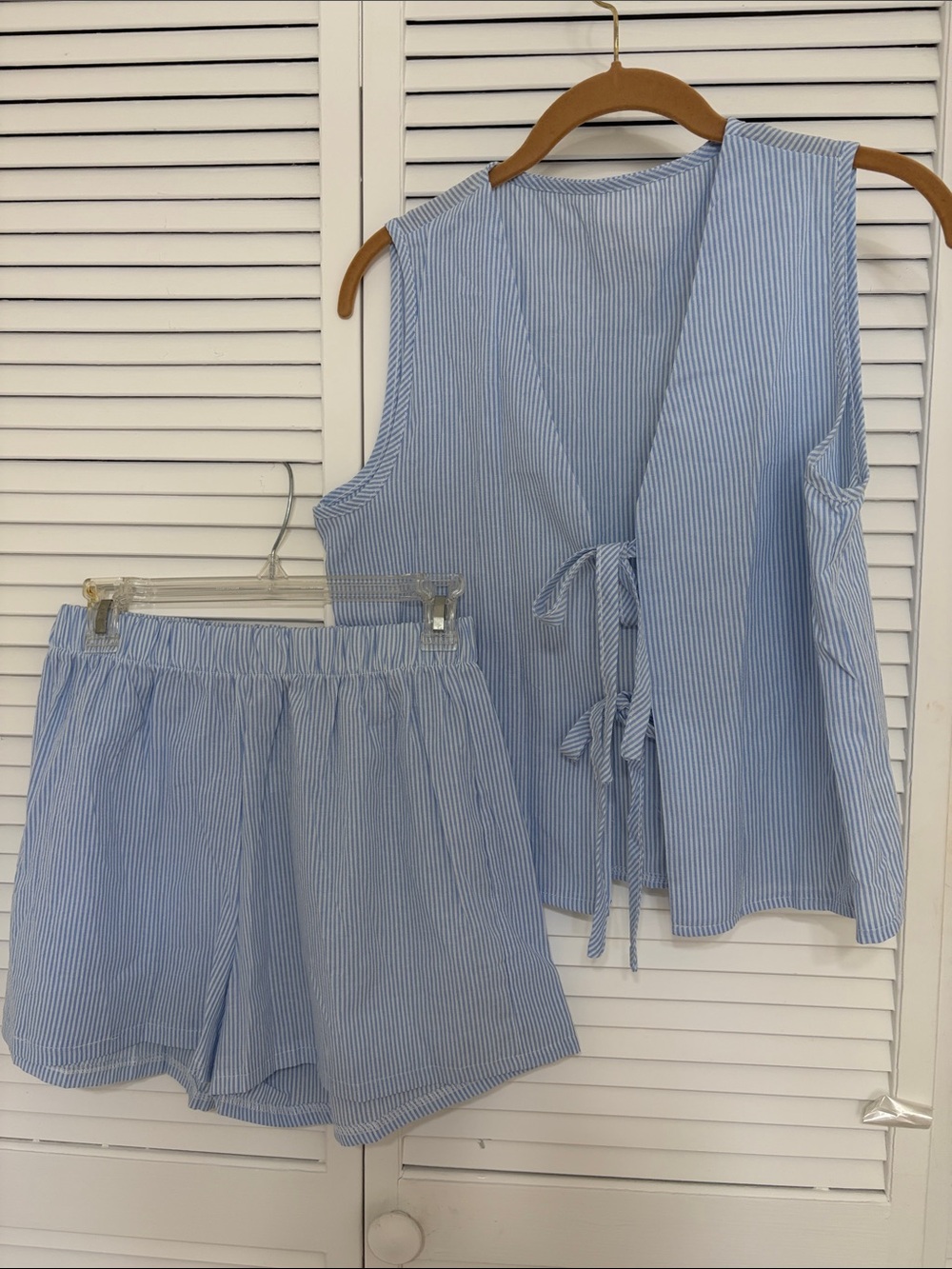 Light Blue Pinstripe Tie-Front Tank and Shorts Set